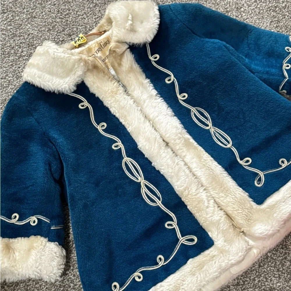 Rothschild Country Girl Blue Plush Coat Faux Fur Trim Girls Size 5 Vintage 60s